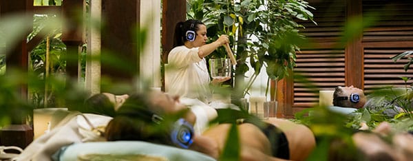 Silent yoga with headphones